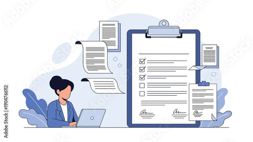 Productive businesswoman works on her laptop while managing a long checklist on a giant clipboard to ensure all tasks are completed.