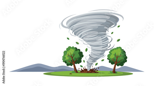 Powerful tornado moves across a green field and uproots trees during a severe storm illustrating the destructive force of natural disasters.