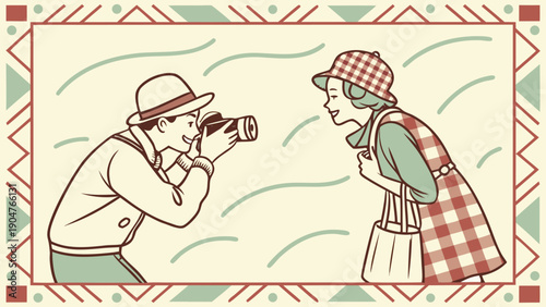 Vintage style illustration of a man taking a photograph of a woman in a windy field