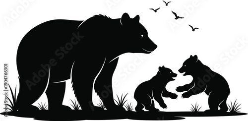Silhouette of a mother bear and her two cubs playing in a field with birds flying overhead in a serene natural setting silhouette