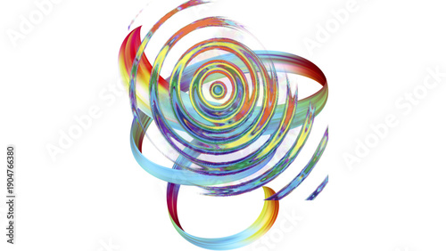 A colorful, swirling graphic design element with rainbow hues and circular motion on a white background with a shallow depth of field.