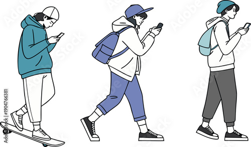 People walking while using smartphones illustration. Includes three young adults with casual outfits and mobile devices. Created in line style with black and colored accents.
