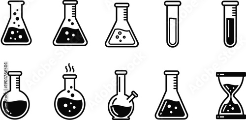 Laboratory glassware icons set, chemistry experiment flasks, scientific research equipment, test tubes, hourglass timer, biotech analysis, medical lab vector symbols, pharmacy science,