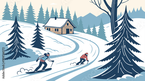 Experience the thrill of skiing down a snowy mountain trail with friends in a serene winter wonderland, complete with a cozy cabin in the background.