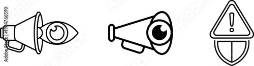 Security alert outline icons featuring megaphone eye and warning shield sign isolated on transparent background