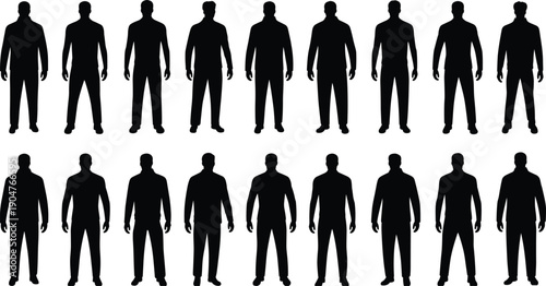 Standing male silhouettes collection isolated on white background, front view human body figures vector set for design templates and presentations projects commercial
