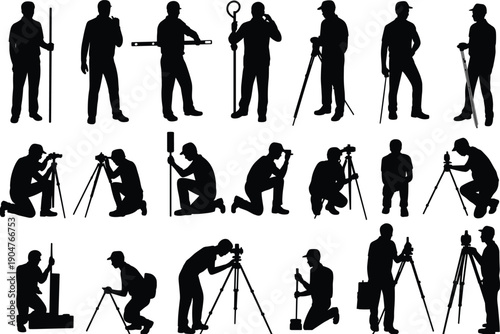 Surveyor and photographer worker silhouettes collection isolated on white background, engineering measurement and camera operator figures vector set for construction design projects