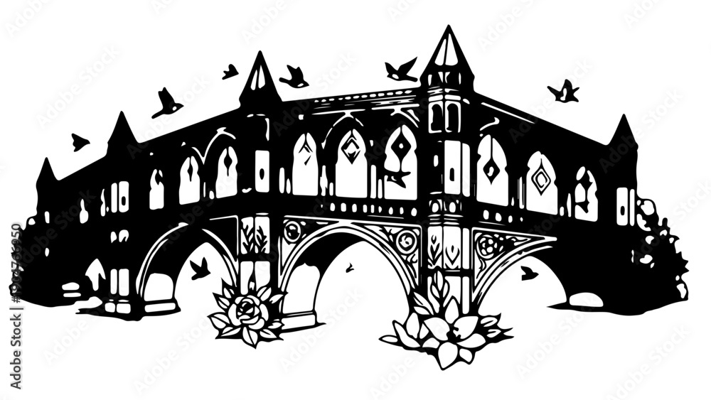 Obraz premium A black and white vector illustration of a Gothic-style castle with a bridge and flowers