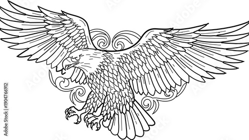 A majestic eagle in flight with outstretched wings and intricate design elements