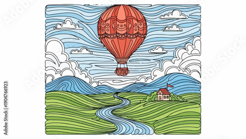A colorful illustration of a hot air balloon flying over rolling hills and a small house