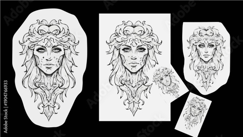 A minimalist line art illustration of a woman's face with long hair and a crown, presented in various shapes and sizes as a vector graphic design element.
