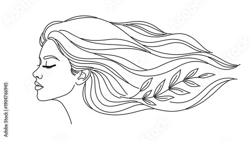 A serene woman's face with flowing hair and leaves in a minimalist line art design