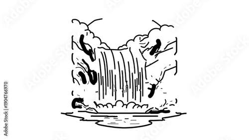 A minimalist vector illustration of a waterfall cascading down a rocky cliffside