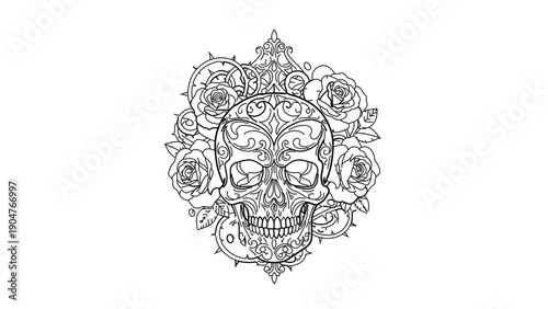 A detailed line art illustration of a sugar skull surrounded by roses and floral patterns