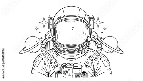 A minimalist line art illustration of an astronaut wearing a spacesuit with planets and stars