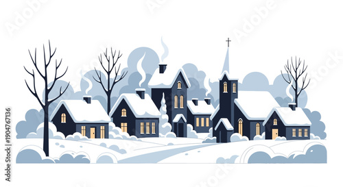 Snowy village landscape with houses and church in a winter wonderland scene with snowflakes falling.