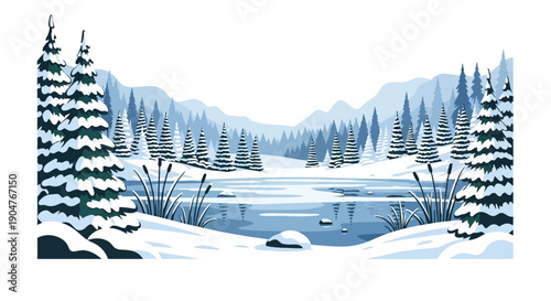 Snowy landscape with coniferous trees and frozen lake in a serene winter wonderland setting with snowflakes and icicles, conveying a cold and chill mood.