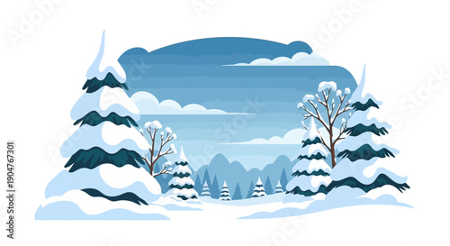 Snowy landscape with snow-covered trees and mountains in a serene winter wonderland scene with a clear blue sky and white clouds.