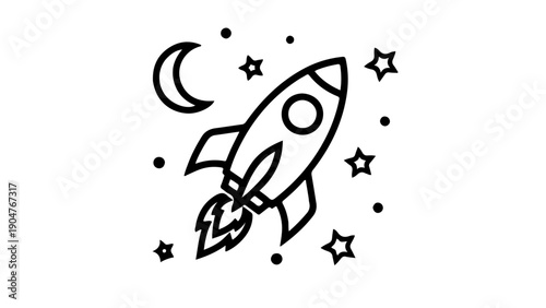 A minimalist vector graphic of a rocket ship soaring through space with stars and a crescent moon