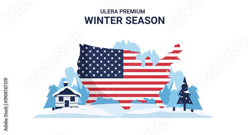 Vector illustration of a snowy American landscape with a house, trees, and the USA flag, conveying a winter wonderland scene across the United States.