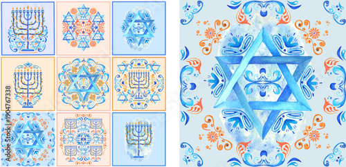 Hanukkah seamless patterns set with watercolor menorah and Star of David