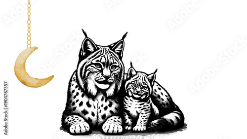 Illustration of a snow leopard and kitten lying down with a gold crescent moon pendant on a white background.