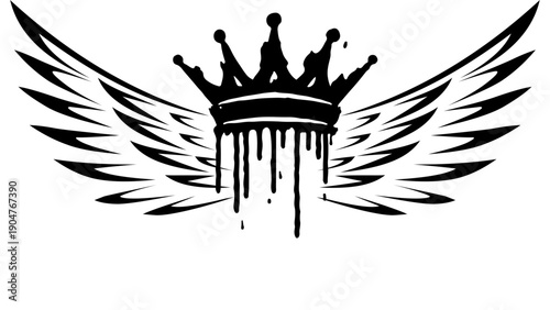 Black graphic illustration of a crown with wings on a white background, featuring a dripping paint effect.