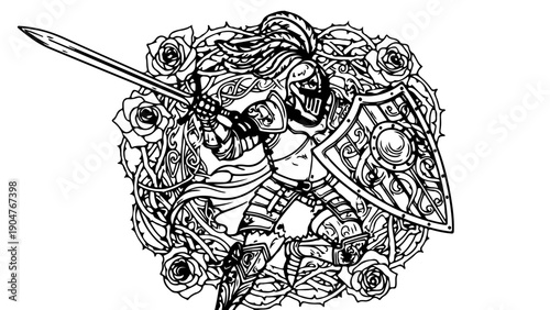 A black and white vector illustration of a warrior with a sword and shield surrounded by roses