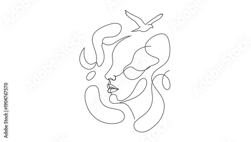 A minimalist line art illustration of a woman's face with a bird on her head