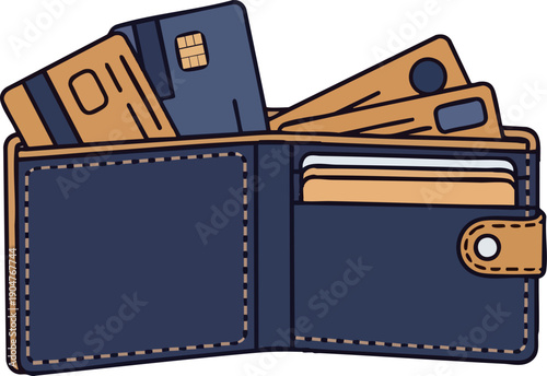 Open leather bifold wallet overflowing with several plastic bank cards including credit and debit options illustrating personal finance and spending power in a stylized icon.