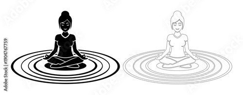Woman meditating peacefully on concentric circles, symbolizing calm and balance