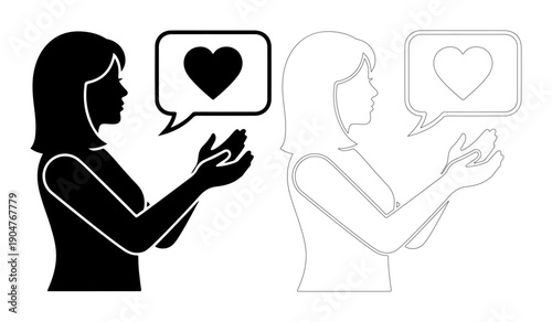 Woman shares love and positive emotions through communication, depicted in silhouette and outline