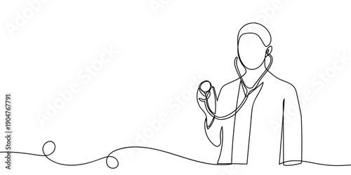 One continuous line drawing: A female doctor wearing a stethoscope. simple linear style Doodle vector illustration Editable stroke.