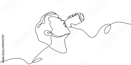 One continuous line drawing of a man drinking a can of soda. simple linear style Doodle vector illustration Editable stroke.