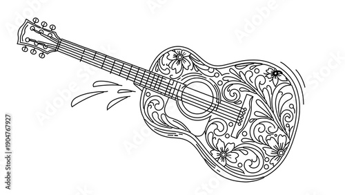 A beautifully designed vector illustration of an ornate guitar with floral patterns
