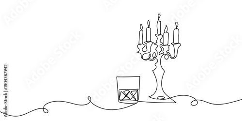 One continuous line drawing: A glass of liquor placed next to a candlestick. simple linear style Doodle vector illustration Editable stroke.