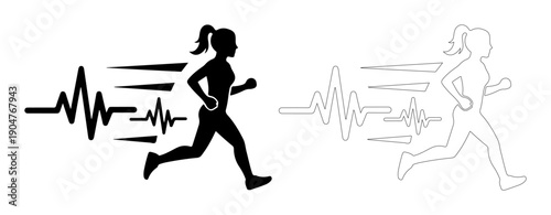 Dynamic silhouette of a woman running with a heartbeat and speed lines, symbolizing fitness and health.