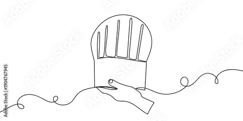 One continuous line drawing: A hand holding a chef's hat. simple linear style Doodle vector illustration Editable stroke.