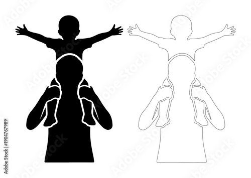 Joyful child riding on shoulders with arms outstretched in a silhouette of togetherness.