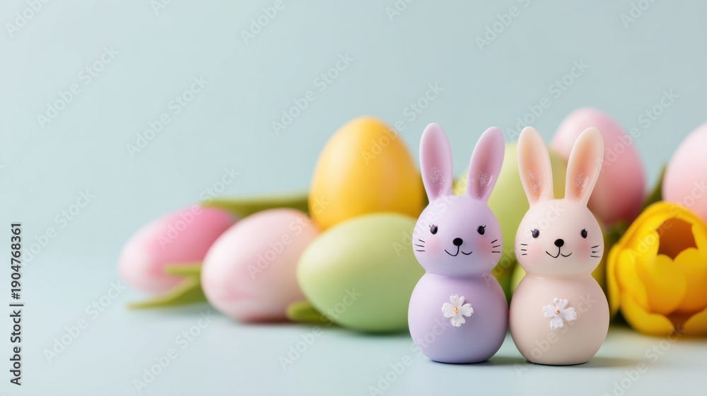 Fototapeta premium Colorful Easter Eggs and Adorable Bunnies Celebrating Spring in a Cheerful Scene