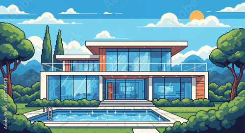 Modern Luxury Mansion with Swimming Pool and Lush Greenery.