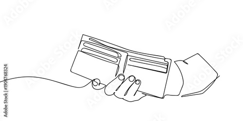 One continuous line drawing: A hand holding an open wallet. simple linear style Doodle vector illustration Editable stroke.