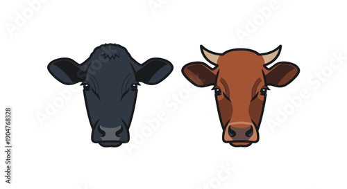 Minimalist vector illustration depicting two distinct cow heads, one black and one brown, presented on a pure white