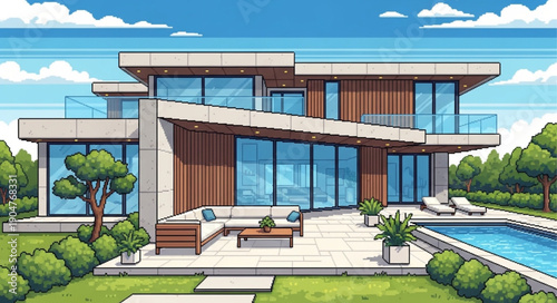 Modern Luxury Mansion With Swimming Pool And Lush Greenery.