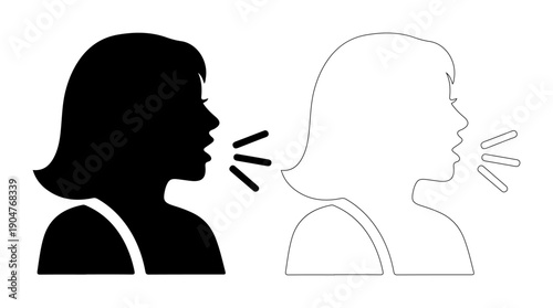 Silhouette of a woman speaking, represented by a solid black icon and a white outline.
