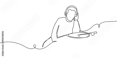 One continuous line drawing: A person is listening to music from a record player. simple linear style Doodle vector illustration Editable stroke.