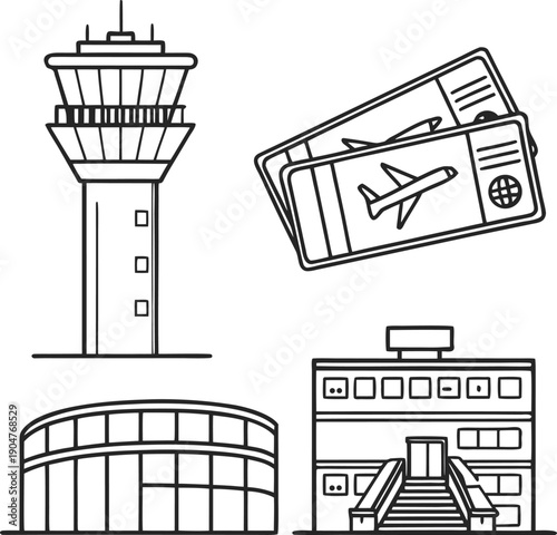 Airport travel icon collection. Includes airport tower, tickets, terminal, and boarding gate symbols. Created in line style with black and white palette