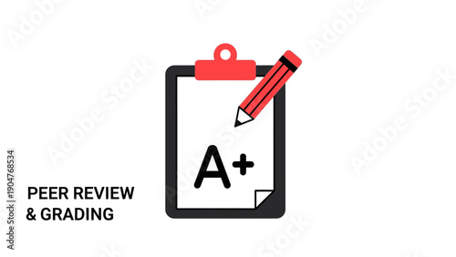 Peer Review and Grading Icon: Clipboard with A+ Grade and Pencil. Academic Evaluation, Assessment, and Success Symbol.