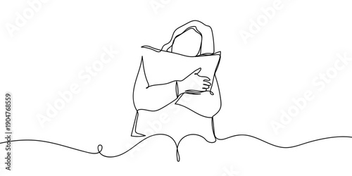 One continuous line drawing of a woman hugging a pillow, front view. simple linear style Doodle vector illustration Editable stroke.