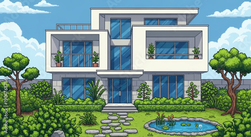 Modern Luxury Residence with Lush Green Garden and Pond.